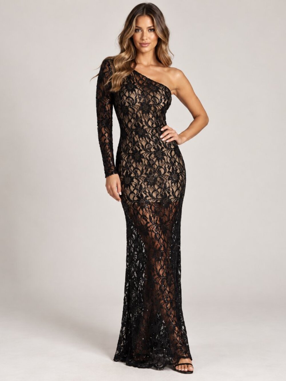B. Darlin Black Sequin Lace One Shoulder Long Sleeve Maxi Dress Gown